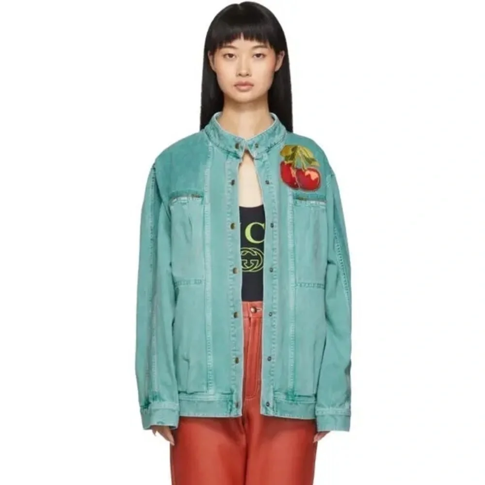 Gucci Turquoise Denim Cherry Embroidered Jacket Made in Italy Small - Picture 2 of 11